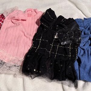 Lot of  5 Large Girl Dog NEW (2) Winter Jumpers (1) Pink Lace Dress, 2 Dresses